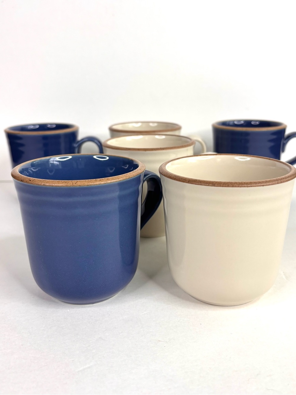 Noritake Stoneware Madera Blue & Ivory Ceramic Mugs Brown Rim Set of 6